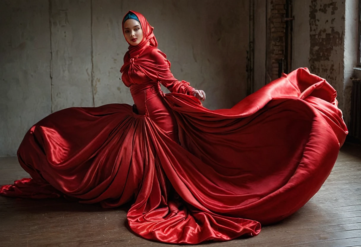 A woman shrouded in a 10-meter-long, plush red satin cloth, ballon sleeves,tight from the waist to the thighs, tightly bound and grandly draping along the form of her body, flowing off into a pooled floor-length train, styled in a mermaid-inspired outfit, her head modestly veiled in a satin hijab, 185 height woman, walk in photo studio, a full-body pose conveying a sense of elegance, captured in a 4k resolution, ultra-realistic