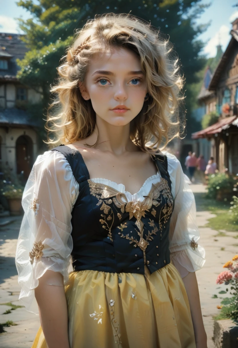 Best quality, masterpiece, realistic photo, complex parts, RAW photo, Ultra detailed, old fashioned young woman, with a peasant-style dress, no cutouts, blonde hair, Perfect detailed and blue eyes, Walk through the old town, HD quality, 8 K, young woman, 20 years