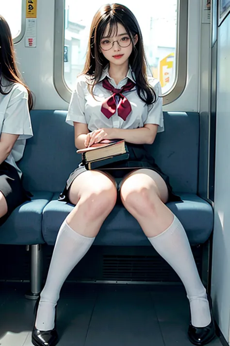 4k.sharp focus、(((sit well))), beauty sitting on train seat, taken from the opposite seat, knee height seat, view photographer, ...