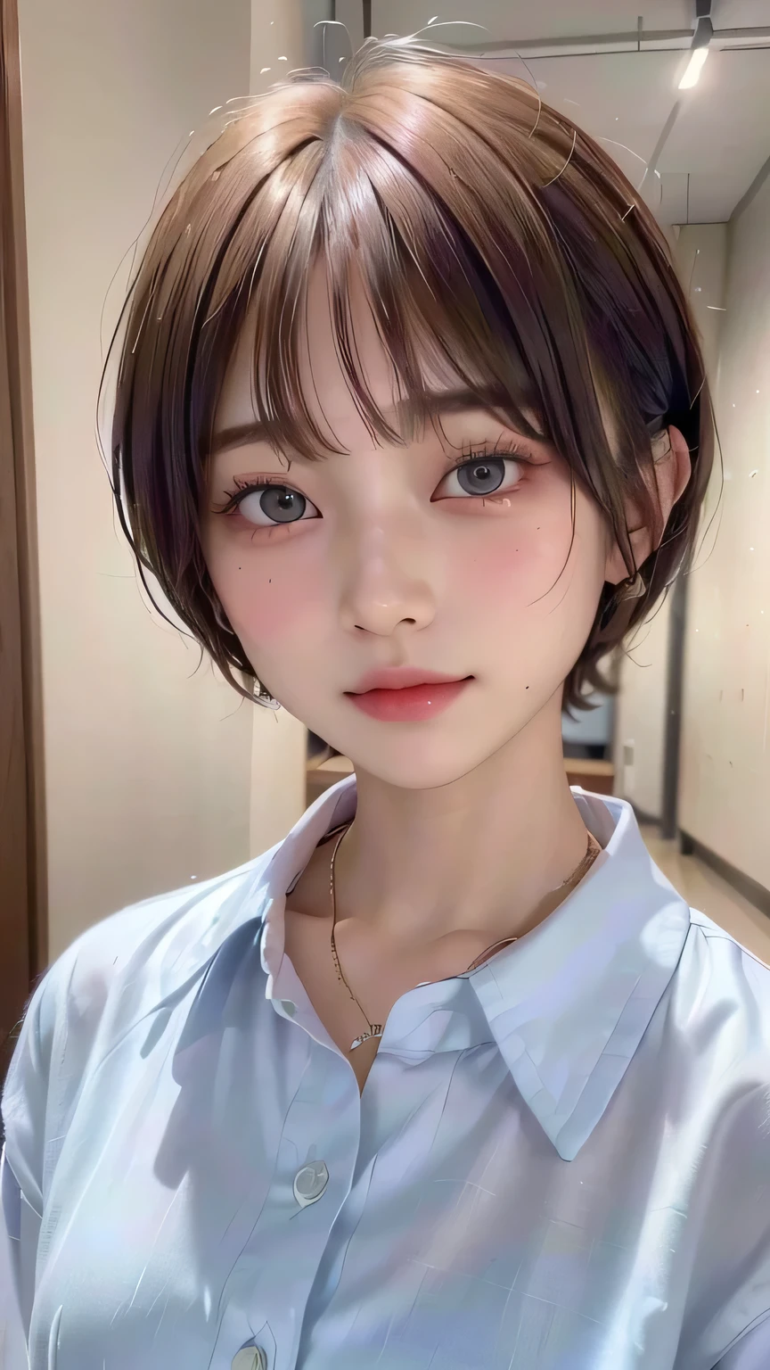 (Highest quality:1.3)、(Masterpiece:1.4)、Raw photo、8k、((Best image quality))、 ((High resolution))、Beautiful face in every detail、Realistic human skin、Gentle expression、(Cute natural anime face)、(One Woman:1.3)、Realistic、Photorealistic、short hair、(Beautiful woman)、((Cool Japan girl))、(boyish:1.5)、mannish、((Beautiful woman))、(Beautiful Hair)、((Dark brown hair))、(Blushing:1.5)、(Fashion Model:1.3)、(Every woman admires her face:1.3)、((Her eyes are big))、20 year old beauty、(Small face)、Small Head、((Long neck))、(High school girls)、uniform、(Japanese high school uniform)、(High school girlsのuniform)、((White button-up shirt))、(A shirt with a wide open chest)、Collared shirt、(necklace)、(The aspirations of young people)、(The center of attention in school:1.3 )、everyone will love her、You can almost see your cleavage、Attractive lips、[[smile]]、(She has a great figure)
