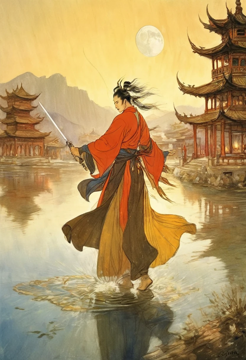 (masterpiece, best quality:1.2), The hero dances with sword:1.5,Anatomically correct，1 glowing sword,(Movement posture),Hold the sword hilt tightly in your hand，Solitary，On the Lake, Wooden boats in the distance and pavilions in the lake，light, mysterious atmosphere,， ripple，(Splash;1.4)，A moon，Motion blur，swordsman，effort，arms up，xianxia，anatomical correct