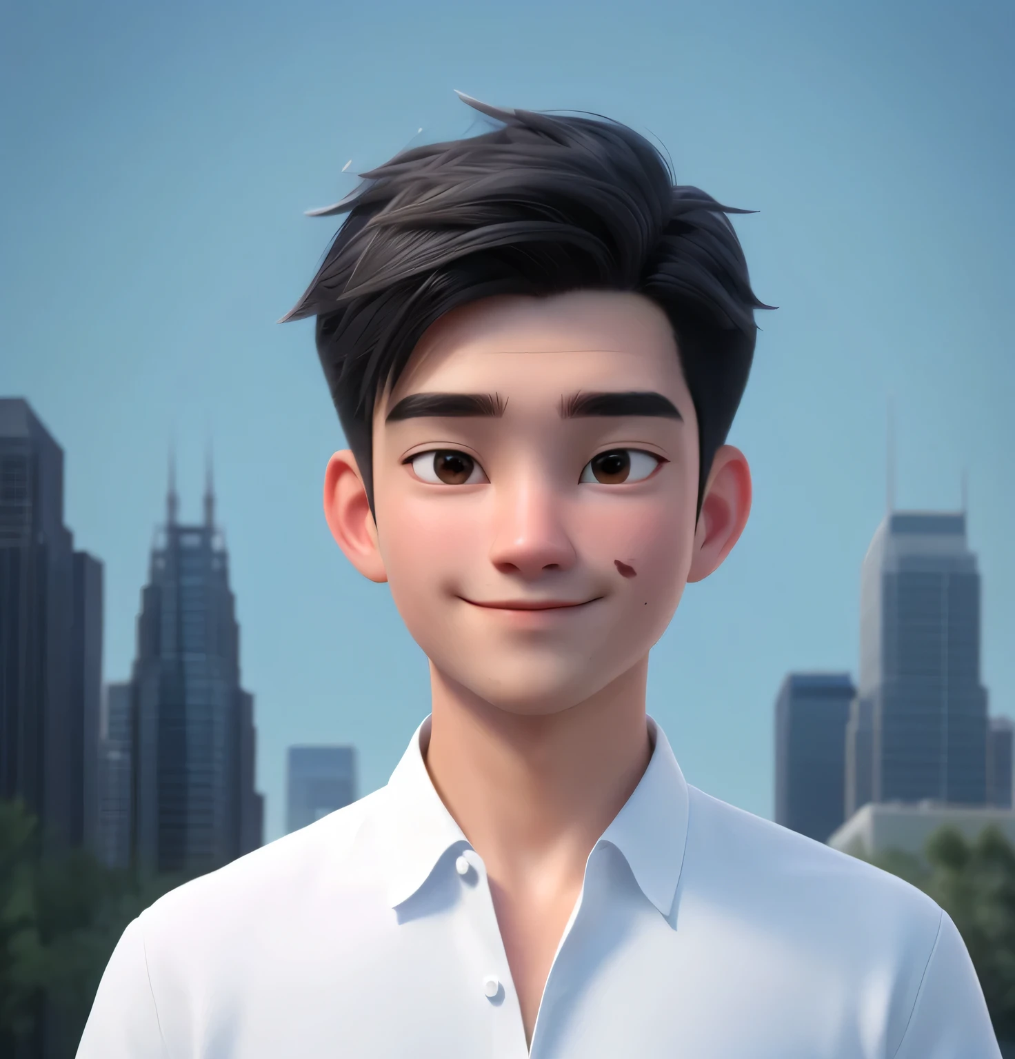 a handsome man, 1 man, realistic, 3d, white shirt, outdoor, cityscape, skyscrapers, street, best quality, 4k, 8k, highres, masterpiece:1.2, ultra-detailed, realistic, photorealistic:1.37, HDR, UHD, studio lighting, ultra-fine painting, sharp focus, physically-based rendering, extreme detail description, professional, vivid colors, bokeh, portrait