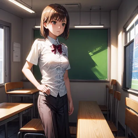 1 girl, alone, high quality,school uniform, slender, big tits, hair bob-style, school, class room