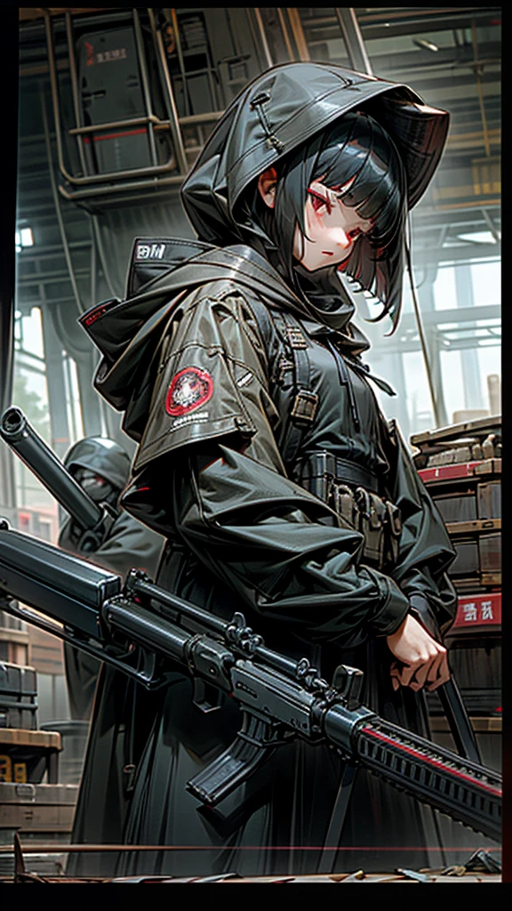 Highest quality、Every detail、Structurally correct、Anti-material riflesを両手で持つ、Girl in a hood、Bob cut with black hair、Red eyes、Anti-material rifles、Huge rifle、Heavy equipment、Black clothes、iron、Metallic、