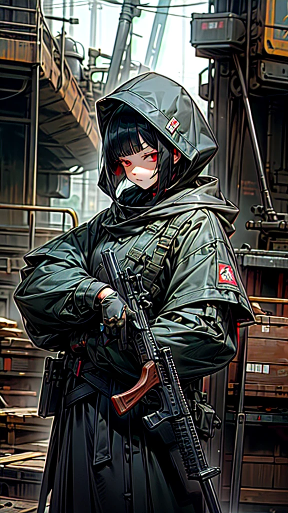 Highest quality、Every detail、Structurally correct、Anti-material riflesを両手で持つ、Girl in a hood、Bob cut with black hair、Red eyes、Anti-material rifles、Huge rifle、Heavy equipment、Black clothes、iron、Metallic、