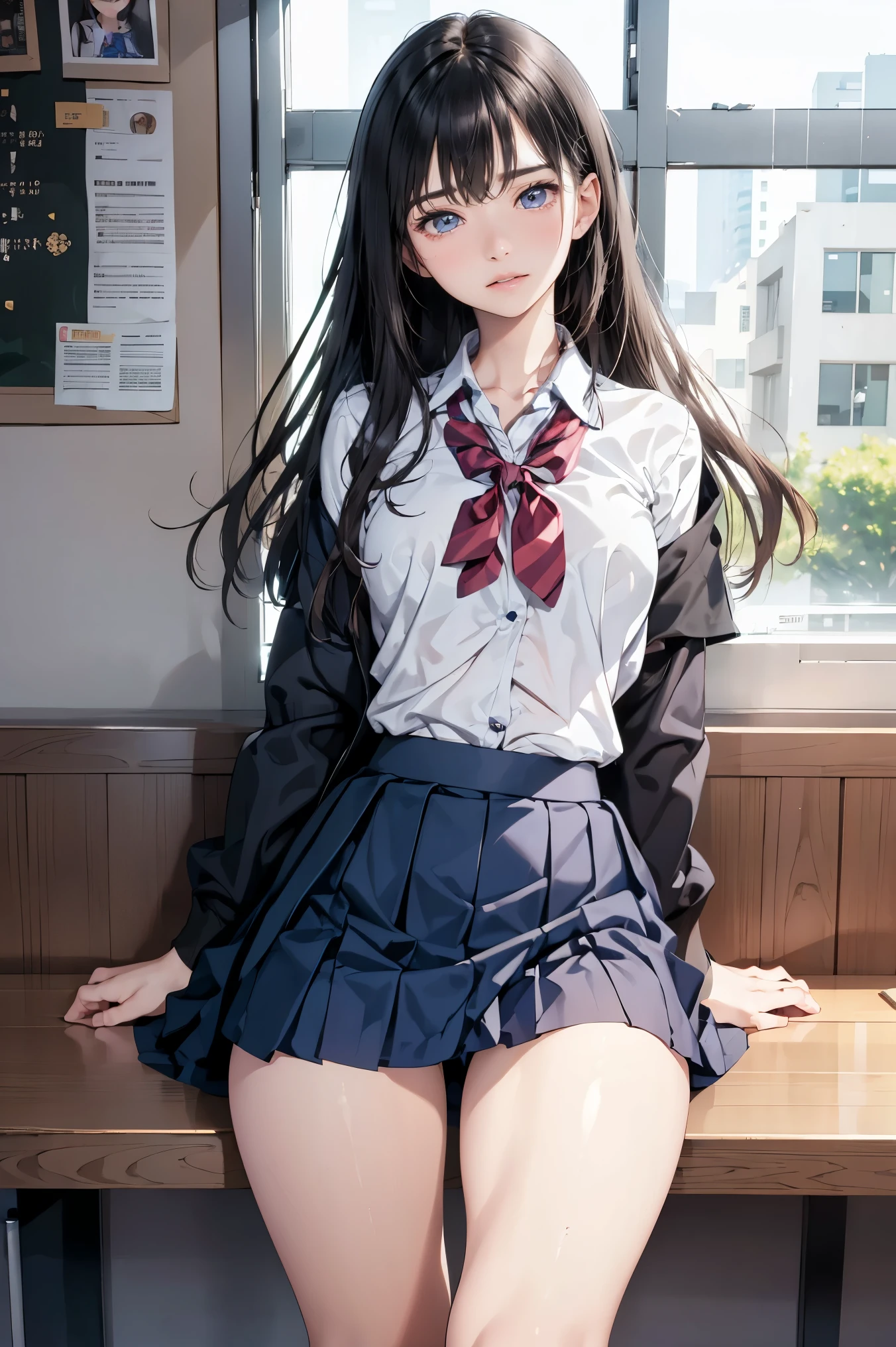 masterpiece, best quality, extremely detailed, (realistic, photo realistic:1.2), high resolution, RAW photo, 8k, Asian girl, 16yo, Super long hair,bangs,Slender、school uniform、Checked mini skirt、Mid-chest、nsfw,