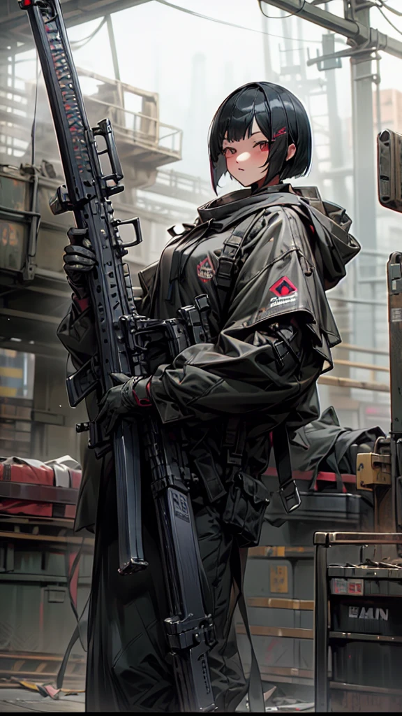 Highest quality、Every detail、Structurally correct、Anti-material riflesを両手で持つ、Girl in a hood、Bob cut with black hair、Red eyes、Anti-material rifles、Huge rifle、Heavy equipment、Black clothes、iron、Metallic、