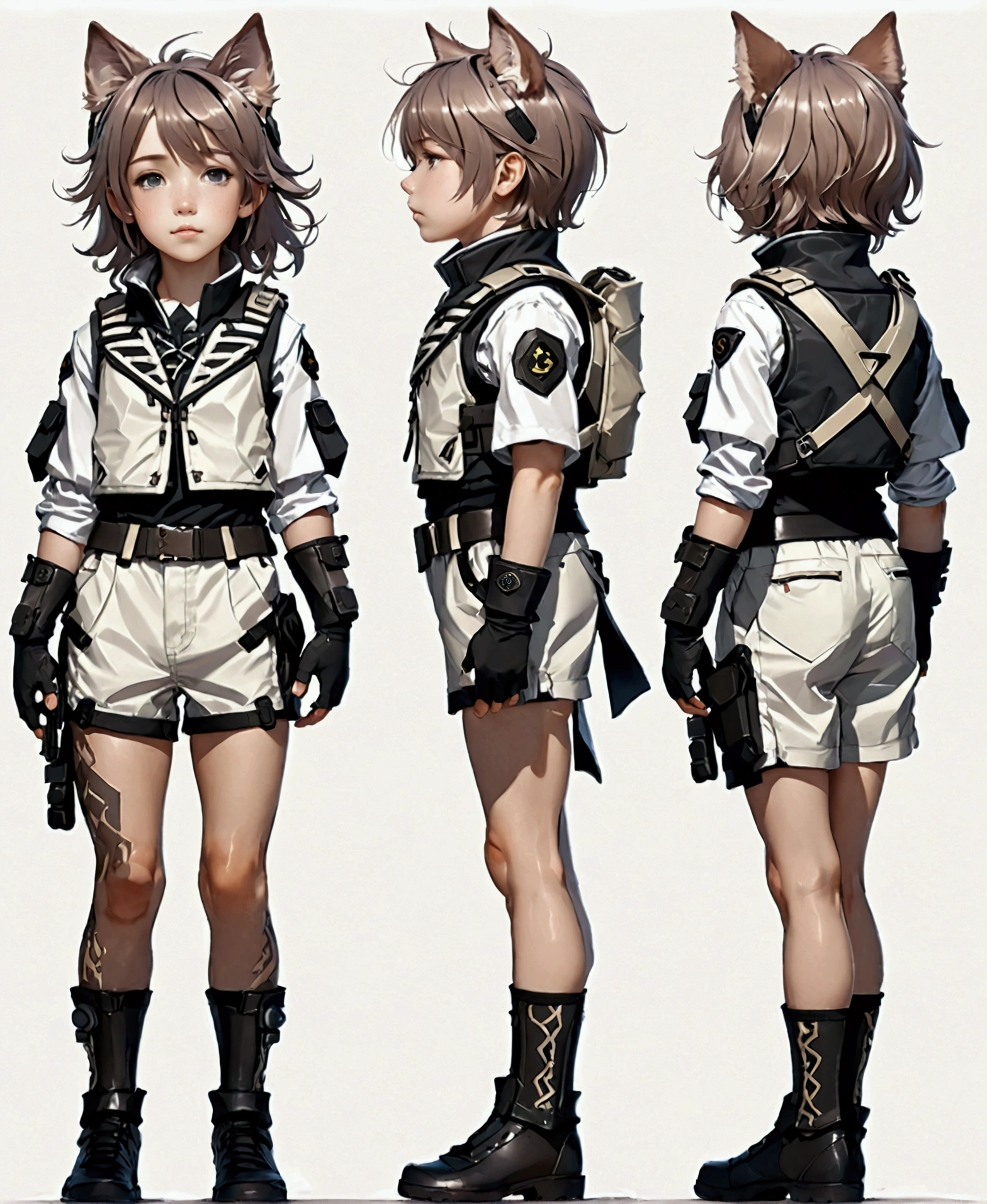 Standing boy, 1 boy, , 4-sided design, Diagonals, front, back, profile, Head to body ratio 4, character sheet, whole body, simple background, Four perspectives, tactical gear, bulletproof vest, Good quality, high detail, Puppy Suin, short cut hair