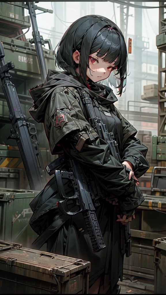 Highest quality、Every detail、Structurally correct、Anti-material riflesを両手で持つ、Girl in a hood、Bob cut with black hair、Red eyes、Anti-material rifles、Huge rifle、Heavy equipment、Black clothes、iron、Metallic、