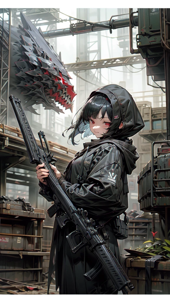 Highest quality、Every detail、Structurally correct、Anti-material riflesを両手で持つ、Girl in a hood、Bob cut with black hair、Red eyes、Anti-material rifles、Huge rifle、Heavy equipment、Black clothes、iron、Metallic、