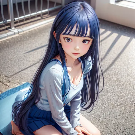 anime girl with blue hair and black pants sitting on the ground, seductive anime girl, anime cute art style, smooth anime cg art...