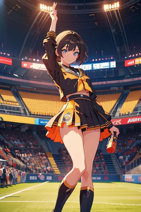 anime girl in black and gold soccer uniform posing in stadium with spectators, enchanting anime girl, detailed digital anime art...