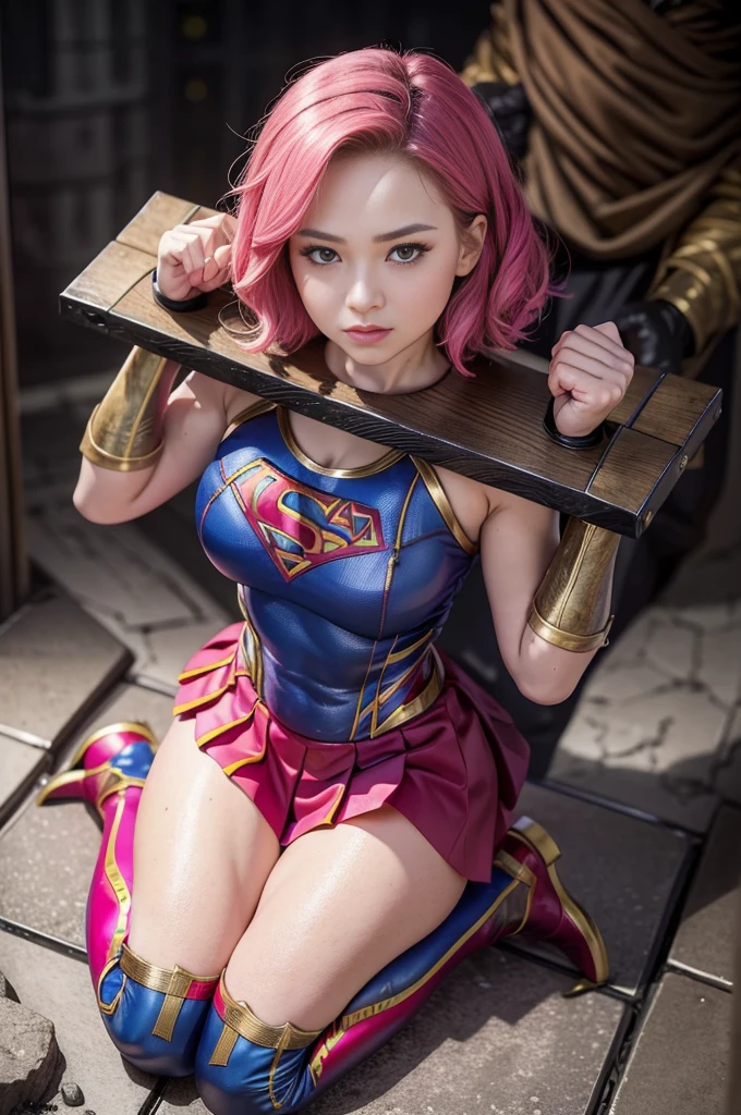 masterpiece,highest quality, 超A high resolution, (Realistic), RAW Photos, Octane Rendering, ((Wearing a Supergirl costume, Being restrained)), ((Pillory:1.5)), ((Detailed Pillory)), Flail on the head, Flail on the hands, Flail on the neck, Flail, Confused expression:1.2, Mature Woman, (3), Plump face:1.2, sexy, highest quality, Very detailed, Very accurate, One Woman, ((Wearing a Supergirl suit, Being restrained)), (An elaborate Supergirl suit, Intricate Design), ((Halter neck, Mini Pleated Skirt, Exposed thighs, Long gloves, Latex Thigh Boots, Stiletto heels,tiara)), ((Shiny Suit)), Black-haired:1.3, Short Bob Hair:1.2, Big eyes:1.3, Droopy eyes:1.2, Solid eye makeup:1.3, Large Breasts:1.1, Detailed eyes:1.4, Looking at the viewer:1.2, whole body, From above, Big full moon, Moonlit Night, Starry Sky, Pink and red interpolated colors,