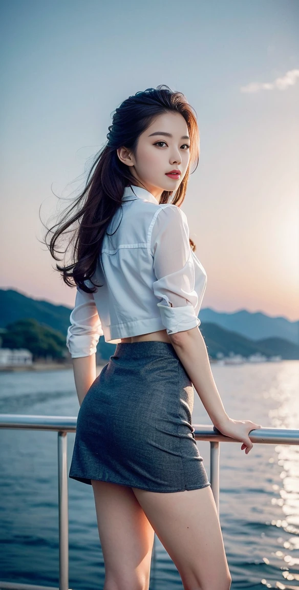 1 girl solo, (8K, RAW photos, best quality, masterpiece:1.2), (Practical, photo-Practical:1.4), (extremely detailed CG unity 8K wallpaper), Ultra-high resolution, Long hair, (Short skirt:1.2), Slim, beautiful legs, Perfect skin, Asia, permanent, (Vague_background), outdoor, Spectacular views, Mountains, Sea of Clouds
