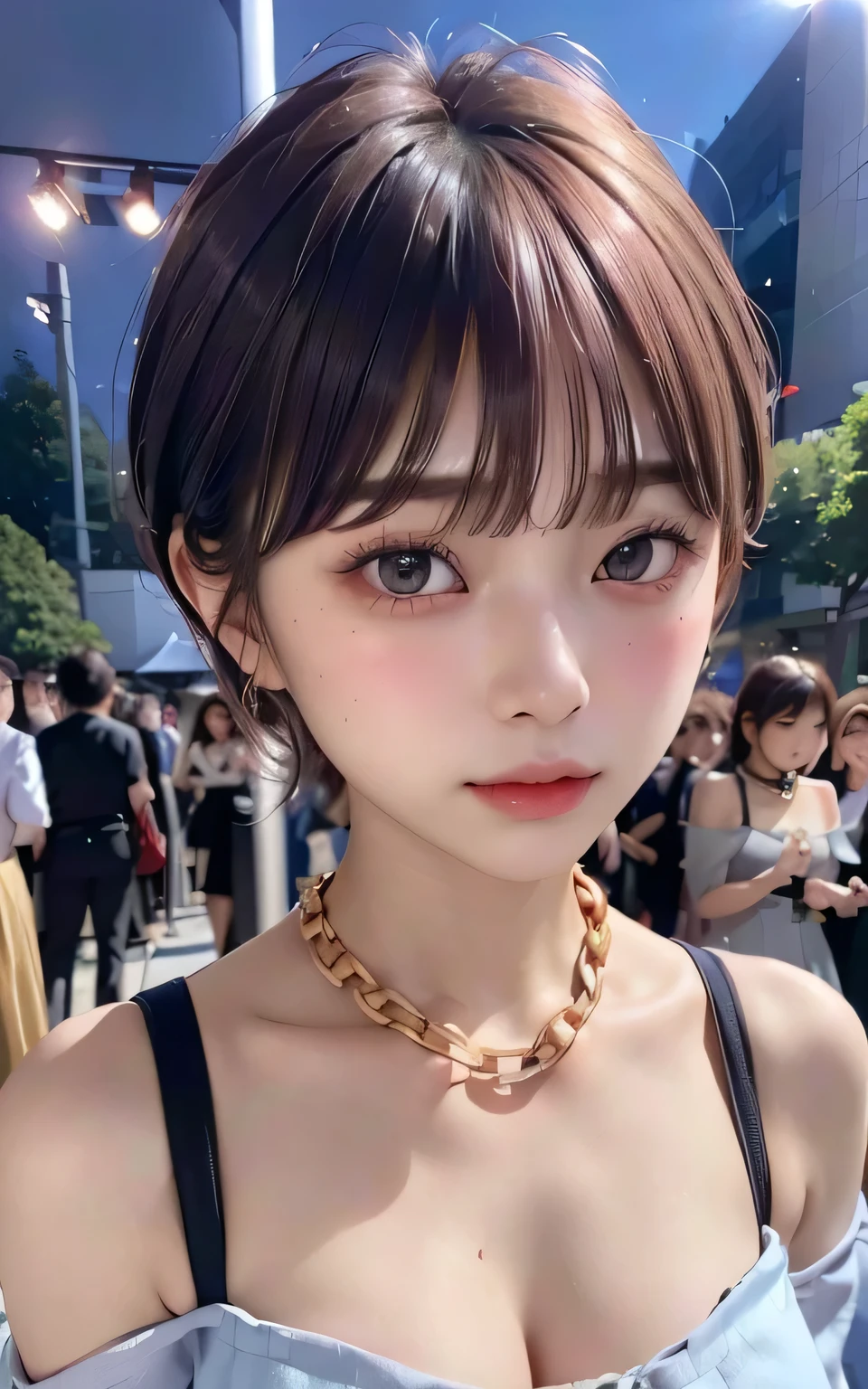 (Highest quality:1.3)、(Masterpiece:1.4)、Raw photo、8k、((Best image quality))、 ((High resolution))、Beautiful face in every detail、Realistic human skin、(Cute natural anime face)、(One Woman:1.3)、Realistic、Photorealistic、short hair、(Beautiful woman)、((Cool Japan girl))、(boyish:1.3)、mannish、((Beautiful woman))、(Beautiful Hair)、((Dark brown hair))、(Blushing:1.6)、(Fashion Model:1.3)、(Every woman admires her face:1.3)、((Her eyes are big))、20 year old beauty、(Small face)、Small Head、((Long neck))、(パーティーdress)、dress、((Night Party))、(Thick chain collar:1.4)、restrain with chains、(The aspirations of young people)、(Night Scene:1.3)、((The most beautiful girl at the party))、Attractive lips、everyone will love her、(Cleavage)、Off the shoulder、sexual excitement、sexual feelings、Thick chain collar、(Embarrassed look:1.2)、((temptation))、sexly、Sex Appeal、eros、Get attention from the audience、(Medal around neck)