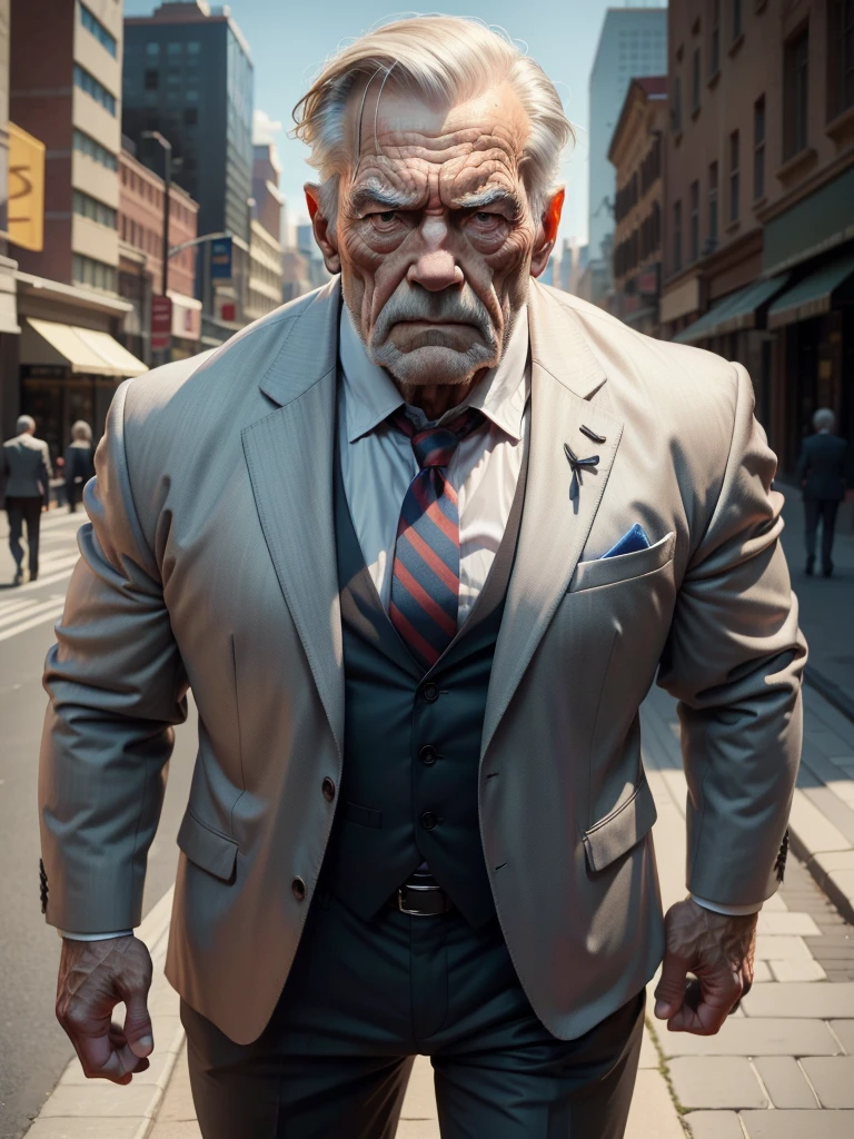 a muscular old man ,wearing a suit, standing in a city background, (best quality,4k,8k,highres,masterpiece:1.2),ultra-detailed,,detailed wrinkles,detailed facial features,detailed texture, half body, halfbody