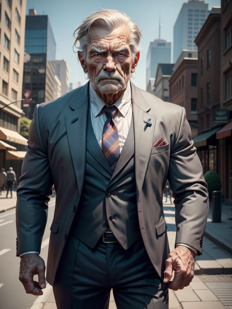 a muscular old man ,wearing a suit, standing in a city background, (best quality,4k,8k,highres,masterpiece:1.2),ultra-detailed,,detailed wrinkles,detailed facial features,detailed texture, half body, halfbody