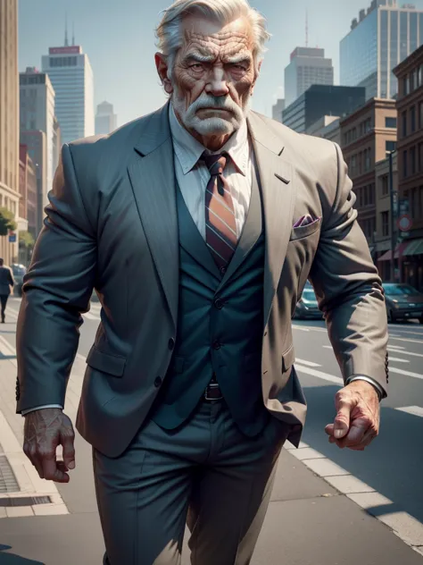 a muscular old man ,wearing a suit, standing in a city background, (best quality,4k,8k,highres,masterpiece:1.2),ultra-detailed,,...