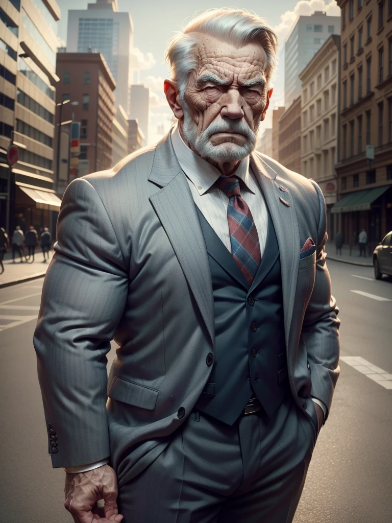 a muscular old man ,wearing a suit, standing in a city background, (best quality,4k,8k,highres,masterpiece:1.2),ultra-detailed,,detailed wrinkles,detailed facial features,detailed texture, half body, halfbody