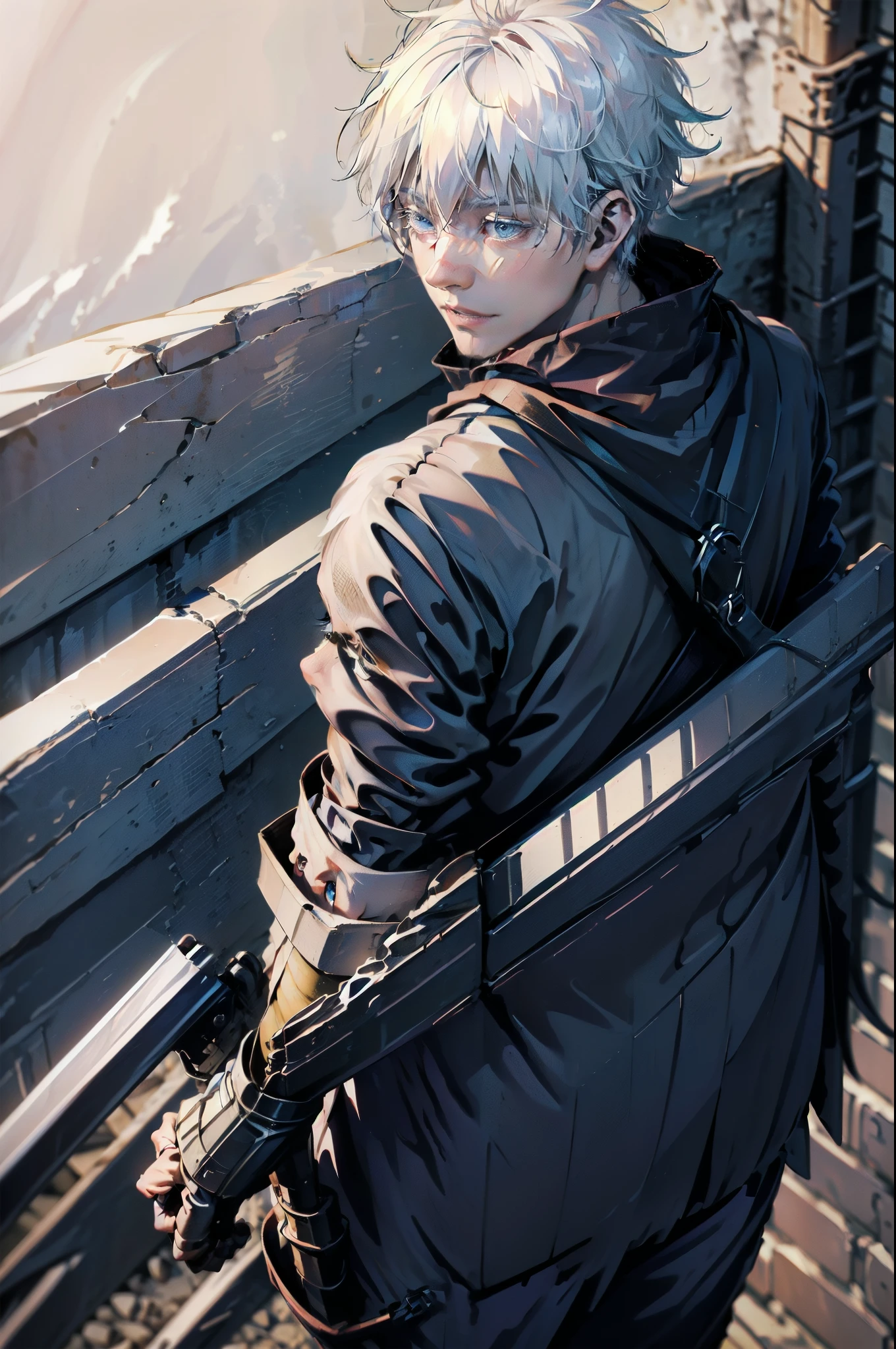 (absurdities, High Resolutions, ultra detailed, HdR), masterpiece, NSFW, The best quality, Jujutsu Kaisen, gojo Satoru, 1 man only in combat, handsome, short hair, White hair, vibrant blue eyes, fine eyes and detailed face, (((fire, llamas, To his back)) armor, ((Intricate weapon)). Final Fantasy, abs, badass pose, Anime boy with hands gripping his sword, anime fighting pose, Anime hombre handsome, anime male character, Badass Anime 8K, Detailed anime character art, Concepto de anime HdR Anime MacManus, anime boy, Ikuto Yamashita, CG anime soft art, manga wallpaper 4k, inspired by Yamagata Hiro, anime wallaper