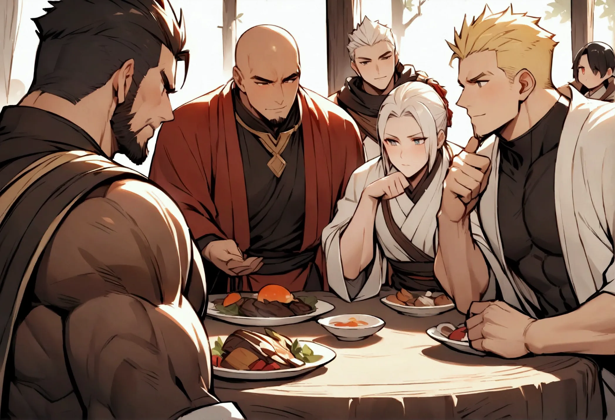 highest quality、(muscular male:1.3)、(father:0.7)、guy、4boys、fantasy、guild、white-haired warrior、red haired monk、black-haired mage、...