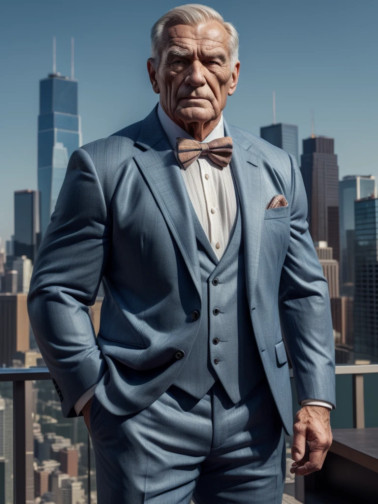 a muscular old man ,wearing a suit, standing in a city background, (best quality,4k,8k,highres,masterpiece:1.2),ultra-detailed,,detailed wrinkles,detailed facial features,detailed texture, half body, halfbody