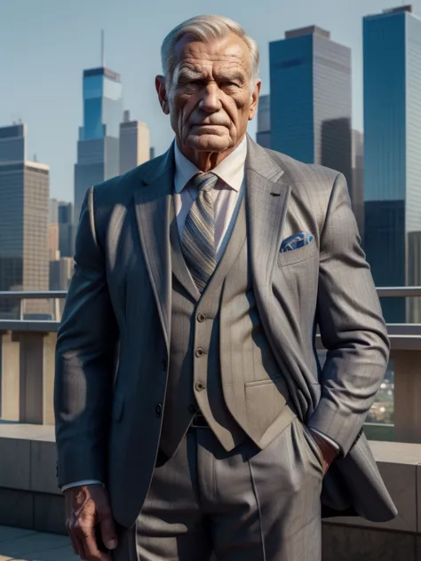 a muscular old man ,wearing a suit, standing in a city background, (best quality,4k,8k,highres,masterpiece:1.2),ultra-detailed,,...