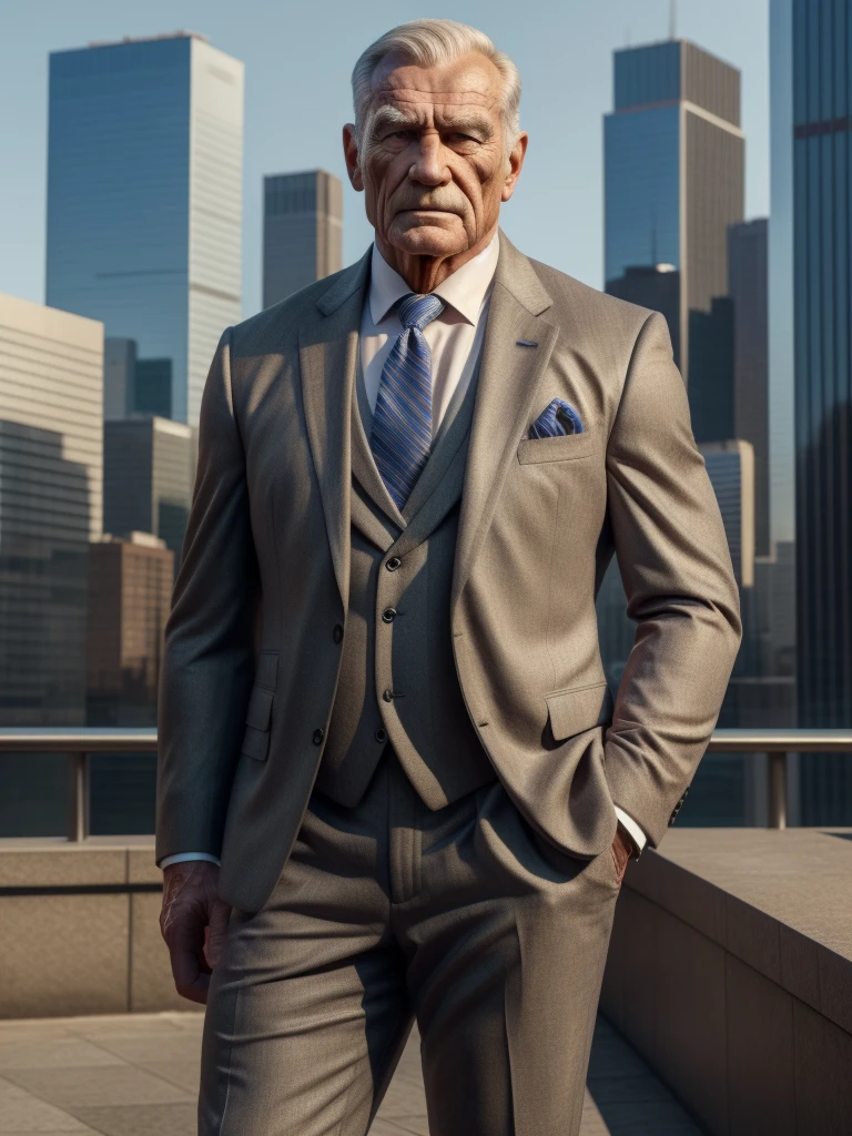 a muscular old man ,wearing a suit, standing in a city background, (best quality,4k,8k,highres,masterpiece:1.2),ultra-detailed,,detailed wrinkles,detailed facial features,detailed texture, half body, halfbody