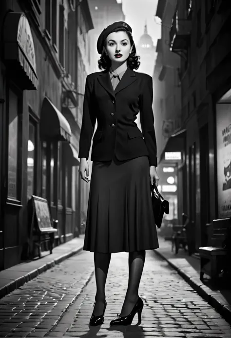 film noir 1944, 1940s style,(monochrome).(rule of thirds),((hyperrealistic illustration:1.4)) beautiful 2 woman, brunette, fashi...