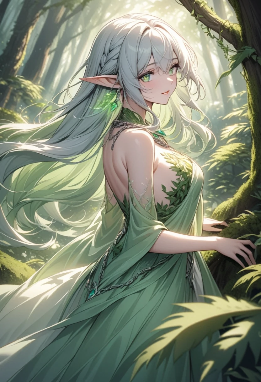 A stunning elf woman living deep within an ancient, enchanted forest. She has long, flowing silver hair that cascades down her back, shimmering in the dappled sunlight filtering through the dense canopy above. Her almond-shaped eyes are a vivid emerald green, radiating wisdom and a serene connection to the nature around her. She wears a flowing gown made of delicate, ethereal fabric that seems to be woven from the very essence of the forest, in shades of moss green and soft browns, blending seamlessly with her surroundings. Intricate silver vines and leaves adorn her dress, shimmering faintly as she moves gracefully through the forest. Around her neck is a necklace with a glowing, moonstone pendant, hanging delicately on a silver chain. Her ears are elegantly pointed, adorned with delicate leaf-shaped earrings made of silver and emerald. The elf woman’s expression is one of calm and peace, with a gentle, knowing smile on her lips. She is surrounded by the beauty of the forest, with ancient trees, lush ferns, and softly glowing flowers all around her. A faint mist weaves through the air, and the sounds of birds and rustling leaves create a serene, magical atmosphere.