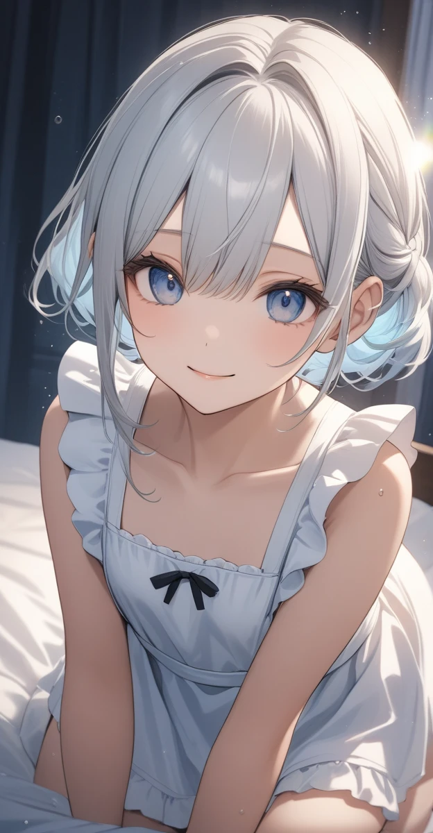 one,((Open maid uniform))、(She is wearing low rise panties as a setting.)、(White hair color、Light blue-silver inner color hairstyle、Texture like after a bath), Beautiful Hair, Facial Contour, Remember, Hotel, moonlight、splash, Lens flare,, Natural Color, High resolution, Very delicate, Very detailed, 8k,、Shyness,((Sexual))、Lying in bed、Shy smile、Shy gesture、Top view angle