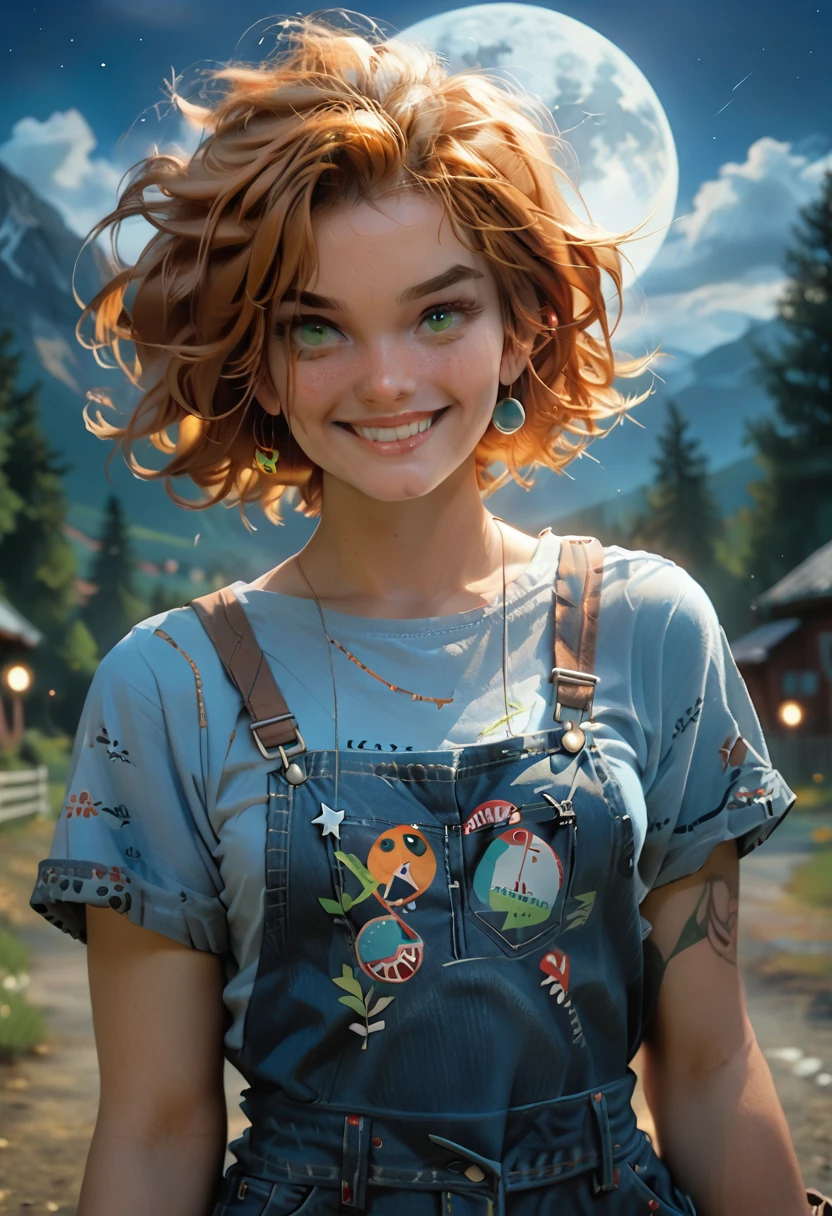 1girl, sxfrances, short hair, orange hair, green eyes, freckles, smile, red overalls, blue shirt, roll up sleeve, mountain, moon, (night:1.5), looking at viewer 