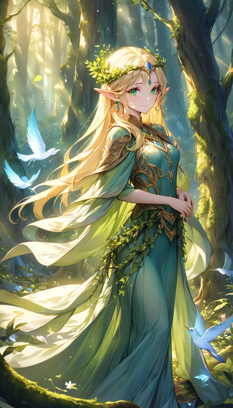 A graceful elf woman residing in a mystical forest filled with ancient trees and vibrant, magical flora. Her long, golden-blonde hair flows like a river of sunlight, adorned with delicate flowers that bloom only in the deepest parts of the enchanted woods. Her eyes are a striking shade of sapphire blue, reflecting the depth of the forest’s hidden mysteries. She is dressed in a finely crafted tunic made of natural, leaf-like material in shades of deep green and gold, tailored to accentuate her lithe and agile figure. A cloak made of soft, iridescent fabric drapes over her shoulders, catching the light in hues of gold and green as she moves. Around her waist is a belt woven from vines and small, enchanted crystals that emit a soft, soothing glow. Her ears are elegantly pointed, with small, intricate earrings made from crystal and silver that sparkle faintly. She wears a circlet of silver vines and leaves on her head, further enhancing her regal appearance. The elf woman’s expression is calm and nurturing, with a gentle smile that hints at her deep connection to the forest and its creatures. She stands amidst a grove of ancient trees, with beams of sunlight piercing through the canopy and illuminating the forest floor covered in soft moss and glowing flowers. The air is filled with the soft rustle of leaves and the distant songs of mystical birds, creating a peaceful and enchanting atmosphere.