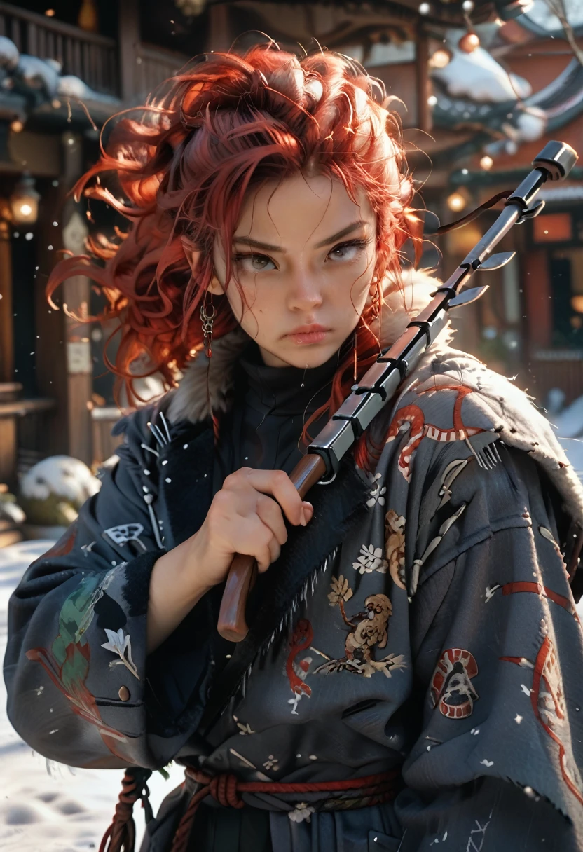 Huntress girl holding a rifle in snow battle pose,oriental,Blade and Soul,ink style,long red hair,leather and fur coat,Cold,Artwork,3D,4K,Detailed,Realistic