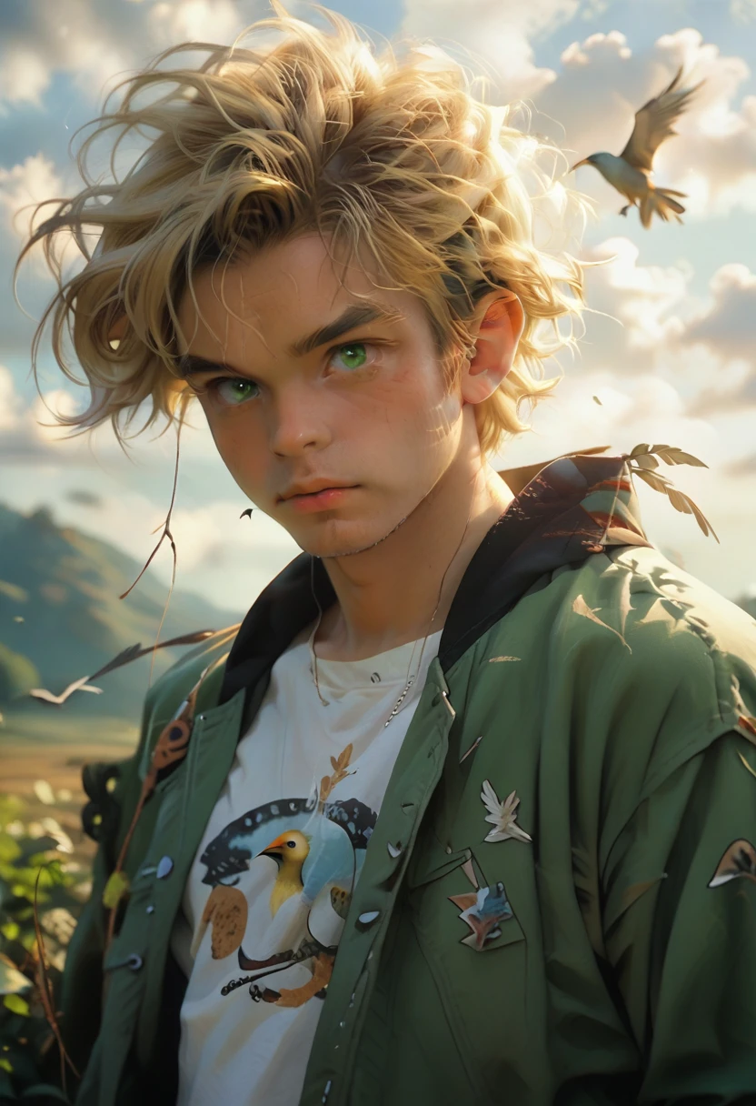 chibinaruto, 1boy, blonde hair, male focus, solo, sky, green eyes, cloud, day, whisker markings, bird, blue sky, male child, jacket, outdoors, upper body, cloudy sky