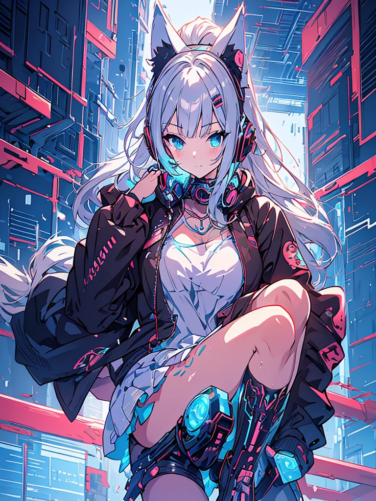 anime girl in futuristic outfit with cat ears and headphones, beautiful girl with cyborg parts, cyberpunk anime digital art, cyberpunk mech anime girl, female, beautiful cyborg girl, perfect android girl, portrait anime space cadet girl, fully body, neckleace, bubble jacket, Eyes red, tattoo on legs, breasts big, high court tennis
