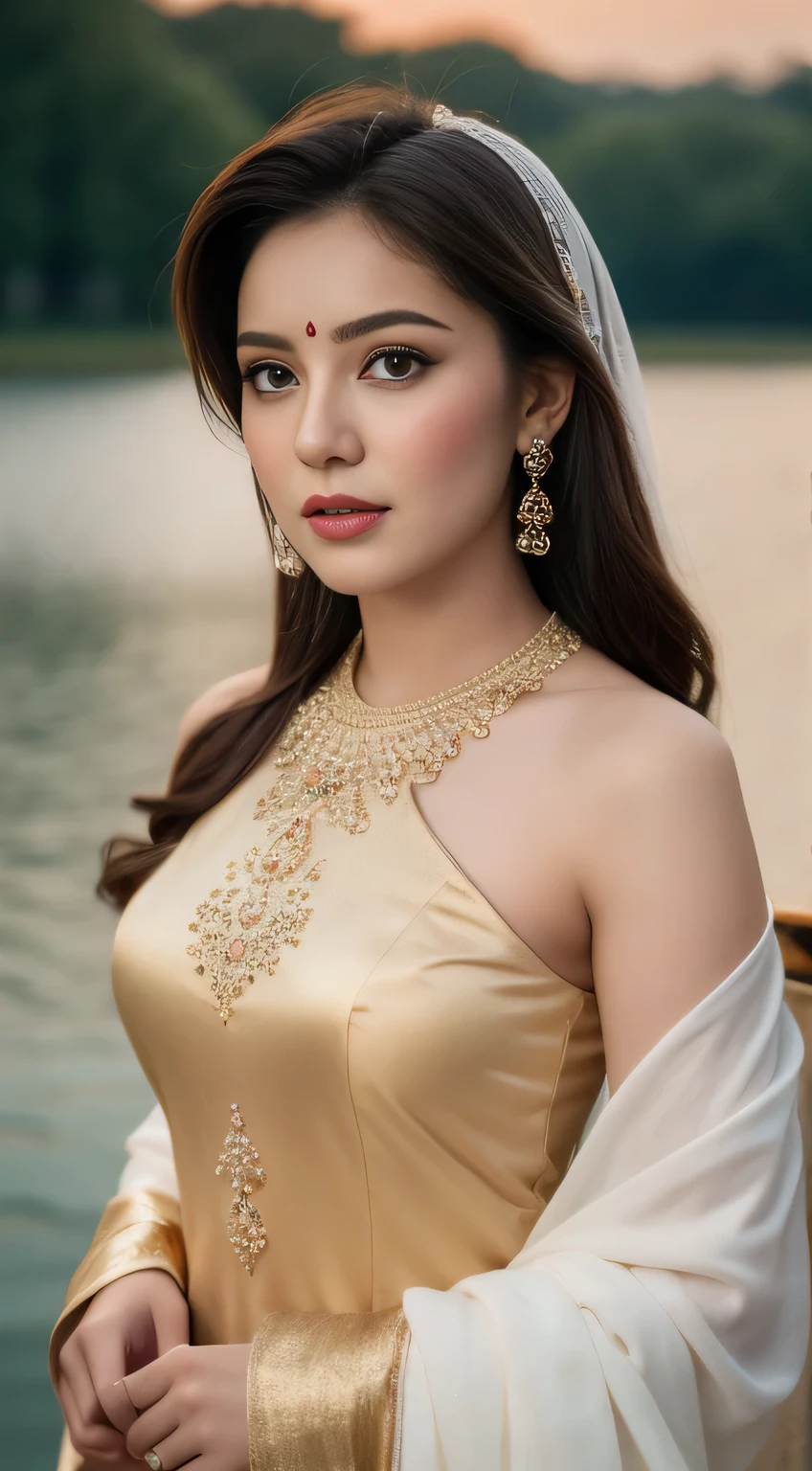 A photo of a young woman with long dark hair and piercing eyes standing by a lake. She is wearing a traditional Indian outfit, a stunning pink and gold ensemble with intricate embellishments. A delicate veil, adorned with shimmering beads, drapes gracefully over her shoulder. The setting sun casts a warm glow on the scene, highlighting the beauty of her attire and the serene backdrop. The woman's confident posture and captivating gaze suggest a sense of strength and grace, embodying the spirit of Indian culture. The image is a captivating blend of tradition and modernity, capturing the essence of feminine beauty and elegance.