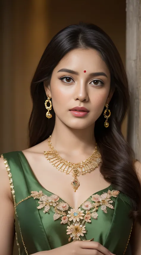 an image of a woman adorned in traditional indian attire, exuding elegance and grace. she wears a white, sleeveless blouse, cinc...