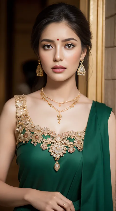 an image of a woman adorned in traditional indian attire, exuding elegance and grace. she wears a white, sleeveless blouse, cinc...