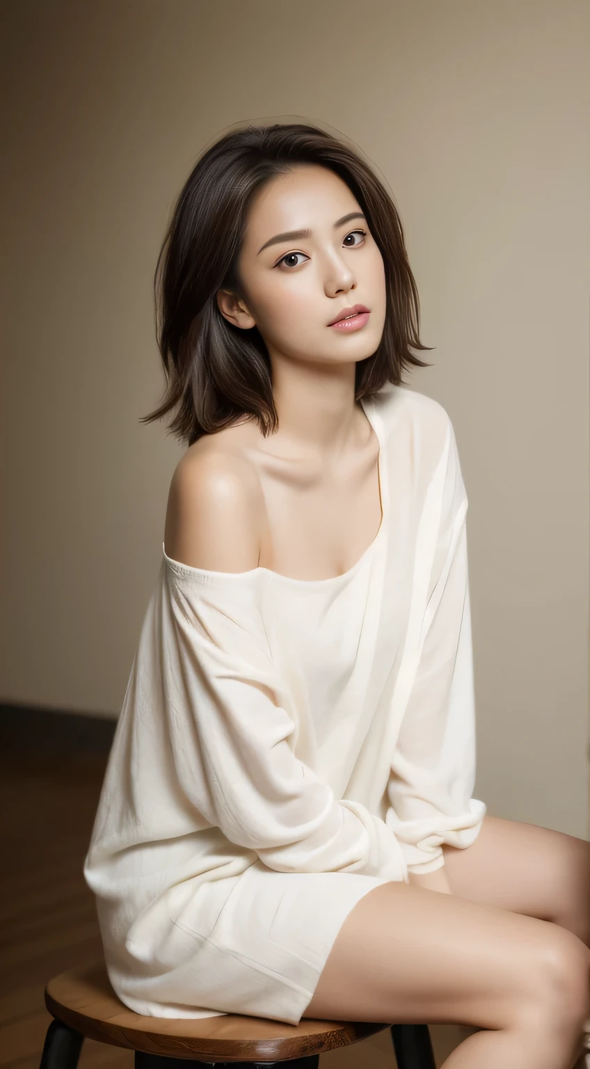 A photo of a woman with dark brown hair and warm-toned skin. She is seated on a wooden stool and is wearing an oversized white shirt, which is undone and slips off one shoulder. The shirt is loosely worn and adds a relaxed, sensual vibe to the scene. She holds a bouquet of baby's breath flowers in her hands and has some of the flowers woven into her hair. The background is neutral, allowing the focus to be on the woman and the simple, elegant details of the image. The overall mood is one of natural beauty and quiet elegance, with a touch of romanticism.