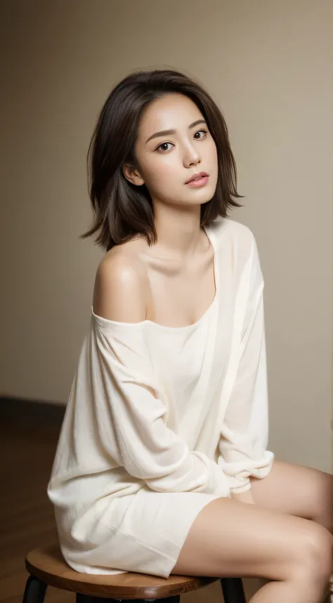 a photo of a woman with dark brown hair and warm-toned skin. she is seated on a wooden stool and is wearing an oversized white s...