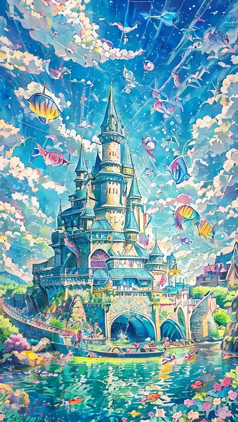 illustrations drawn with colored pencils、soft and gentle touch、a large school of colorful small fish、fly in the sky、floating cas...