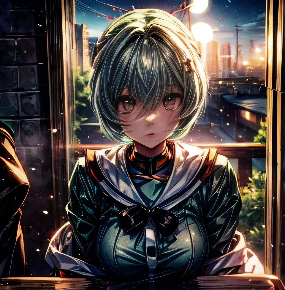 　moon　School　night　　Rei Ayanami　Green hair　beautiful girl　　