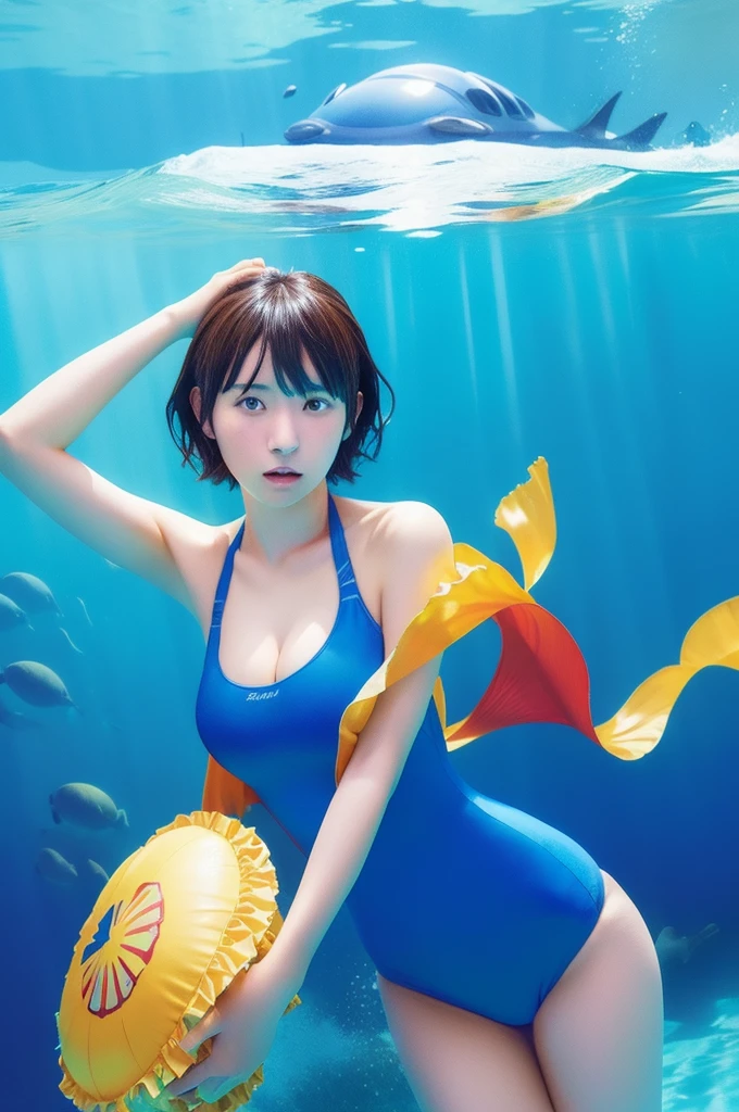 ((((Super Illustration Style:1.0)))),Highest quality,Best Anime,masterpiece,Ray Tracing, Global Illumination,Deep Sea Girl Background,head,Ruffled swimsuit,Blue one piece swimsuit,Cowboy Shot, short hair,Put your arms behind your back, 