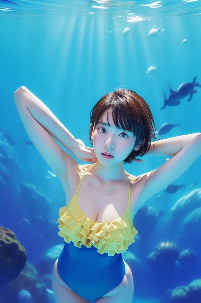 ((((Super Illustration Style:1.0)))),Highest quality,Best Anime,masterpiece,Ray Tracing, Global Illumination,Deep Sea Girl Background,head,Ruffled swimsuit,Blue one piece swimsuit,Cowboy Shot, short hair,Put your arms behind your back, 