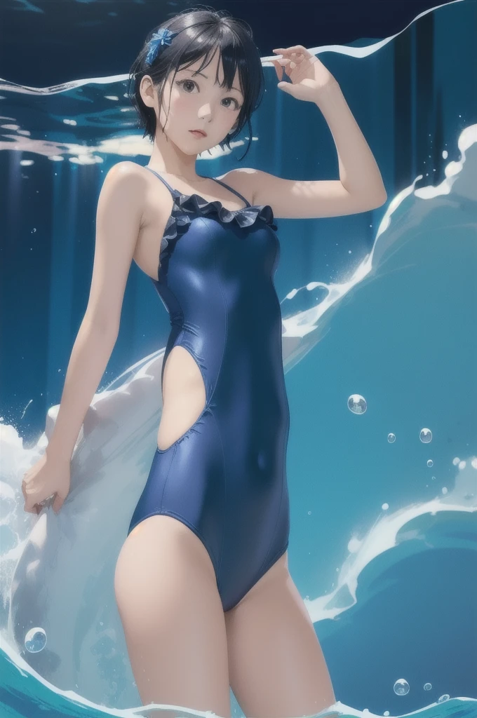 ((((Super Illustration Style:1.0)))),Highest quality,masterpiece,Ray Tracing, Global Illumination,Deep Sea Girl Background,head,Ruffled swimsuit,Blue one piece swimsuit,Cowboy Shot, short hair,Put your arms behind your back,