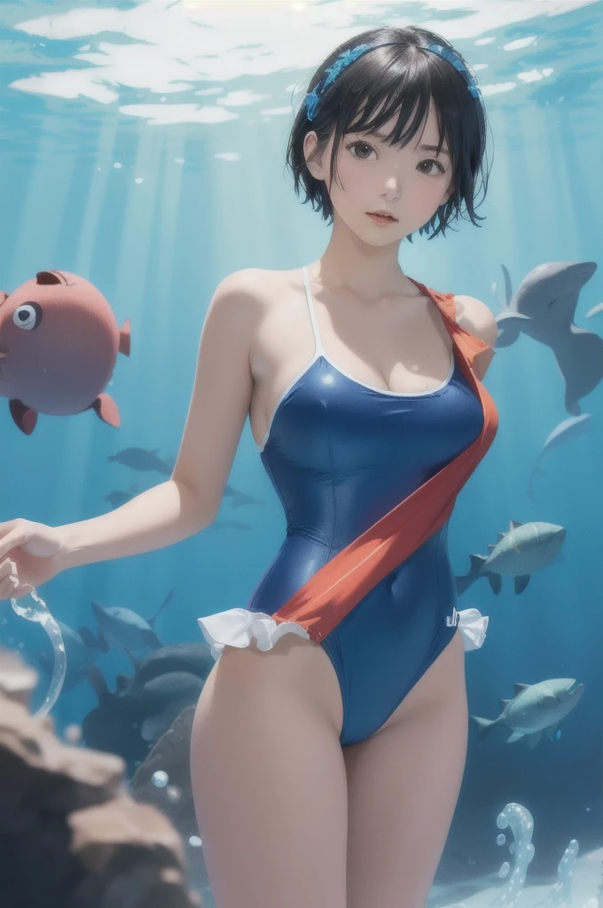 ((((Super Illustration Style:1.0)))),Highest quality,masterpiece,Ray Tracing, Global Illumination,Deep Sea Girl Background,head,Ruffled swimsuit,Blue one piece swimsuit,Cowboy Shot, short hair,Put your arms behind your back,