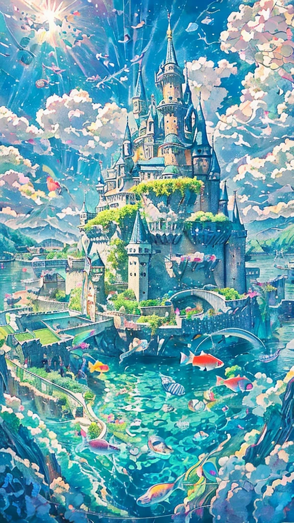 Illustrations drawn with colored pencils、Soft and gentle touch、A large school of colorful small fish、fly in the sky、Floating Castle