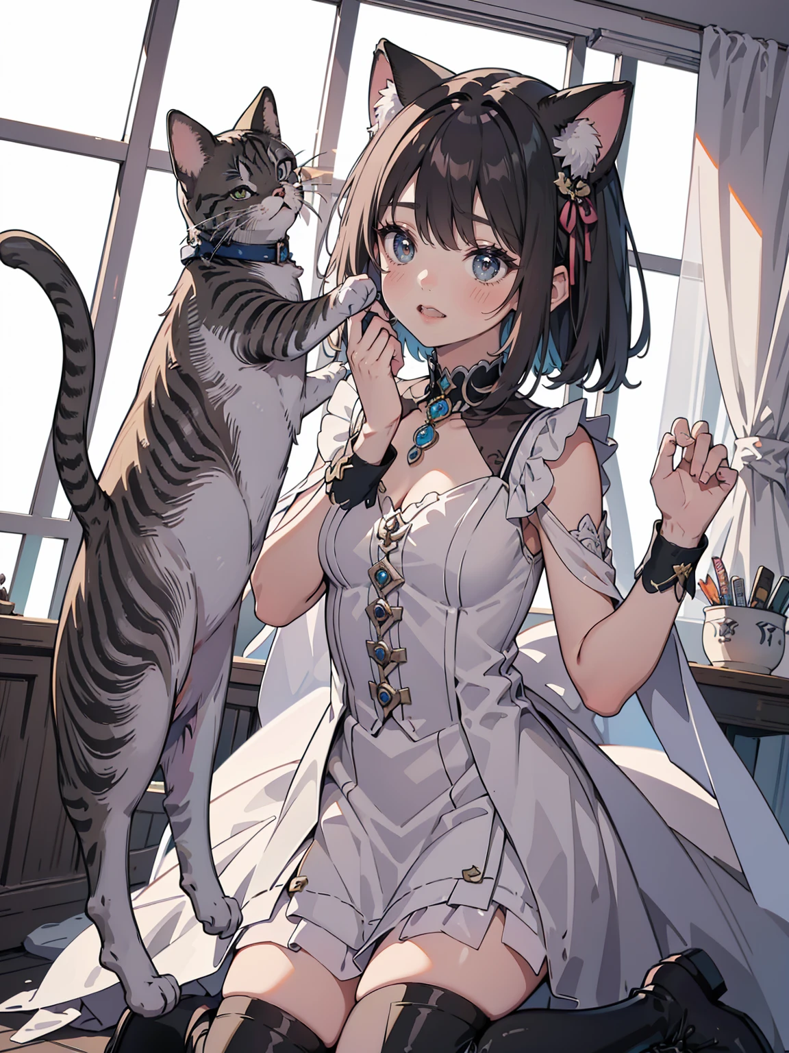 Anime Style、Storytelling、Very big cat、Petting a cat with your hand、Cat reaching out to girl、A girl with a fighting spirit and a cat、beautiful girl、とてもcute天使、Pink Gothic Dress、cute、Baby Face、smile、Long skirt、Black long boots、Very cute headband、glaring at each other、They&#39;re about to fight、Fists and fists、Fighter、Dispute、bloody、Serious Fight、
