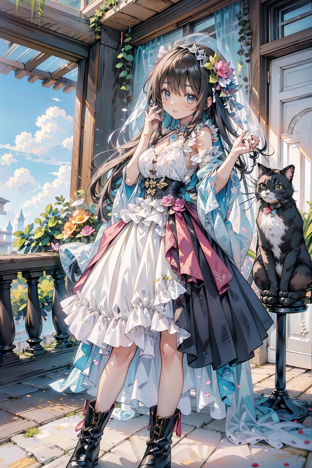 Anime Style、Storytelling、Very big cat、Petting a cat with your hand、Cat reaching out to girl、A girl with a fighting spirit and a cat、beautiful girl、とてもcute天使、Pink Gothic Dress、cute、Baby Face、smile、Long skirt、Black long boots、Very cute headband、
